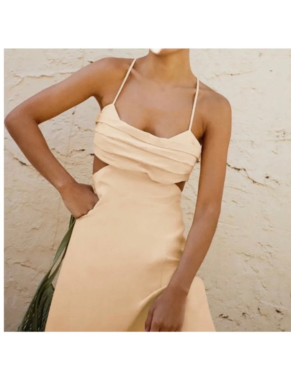 Zara Cutout Ruched Linen Mini Dress Tan Peach